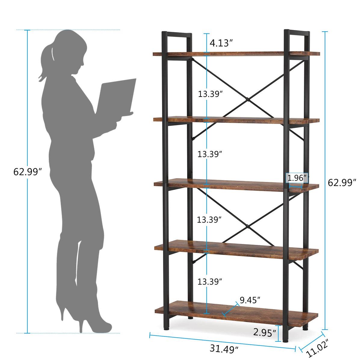 5 Tier Industrial Bookshelf with Metal Frame S925460