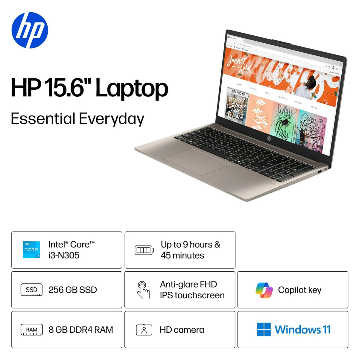 15.6 inch FHD IPS Touchscreen Laptop, Intel Core i3-N305, 8GB DDR4 RAM, 256GB SSD L2778