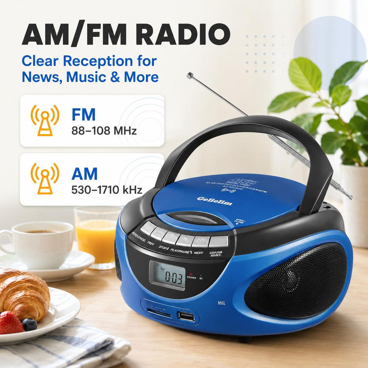 Portable CD Player with Bluetooth AM FM Stereo Radio Blue Q981