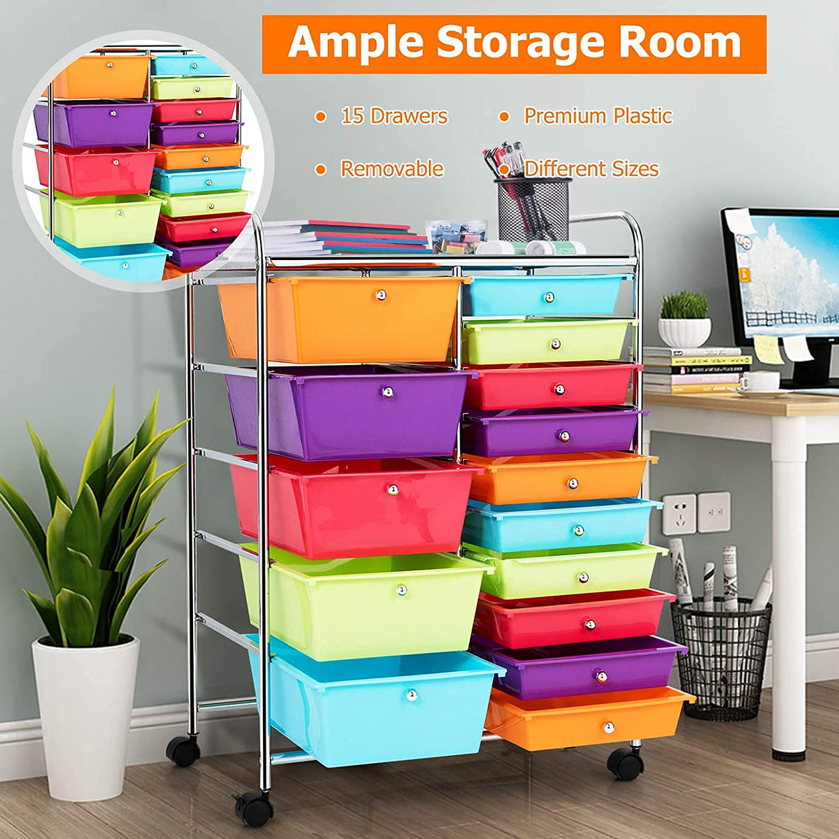 15 Drawer Rolling Plastic Storage Organizer Cart D28978