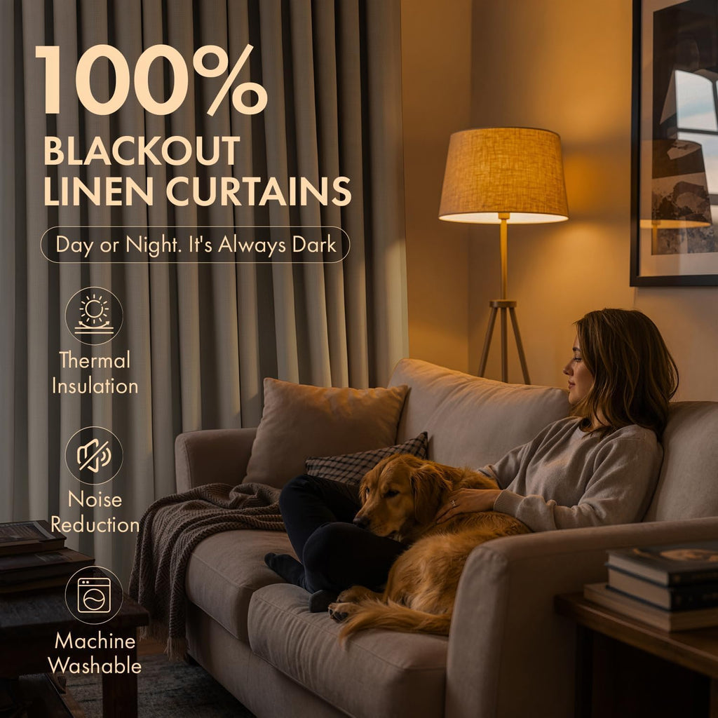 90 Inch Pinch Pleated Blackout Linen Curtains, 2 Panels X650