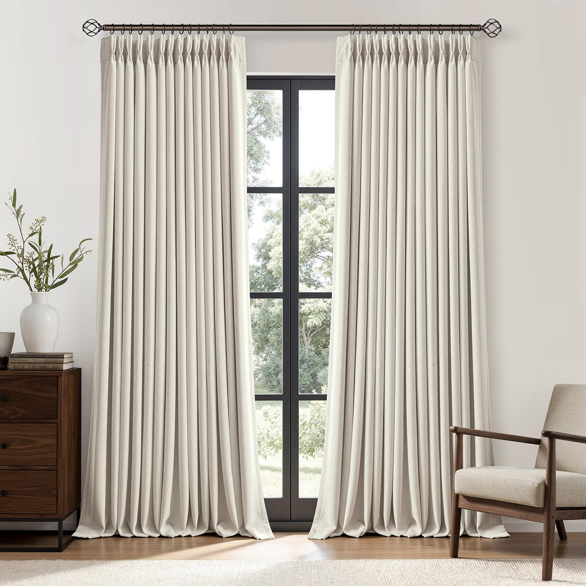 90 Inch Pinch Pleated Blackout Linen Curtains, 2 Panels X650