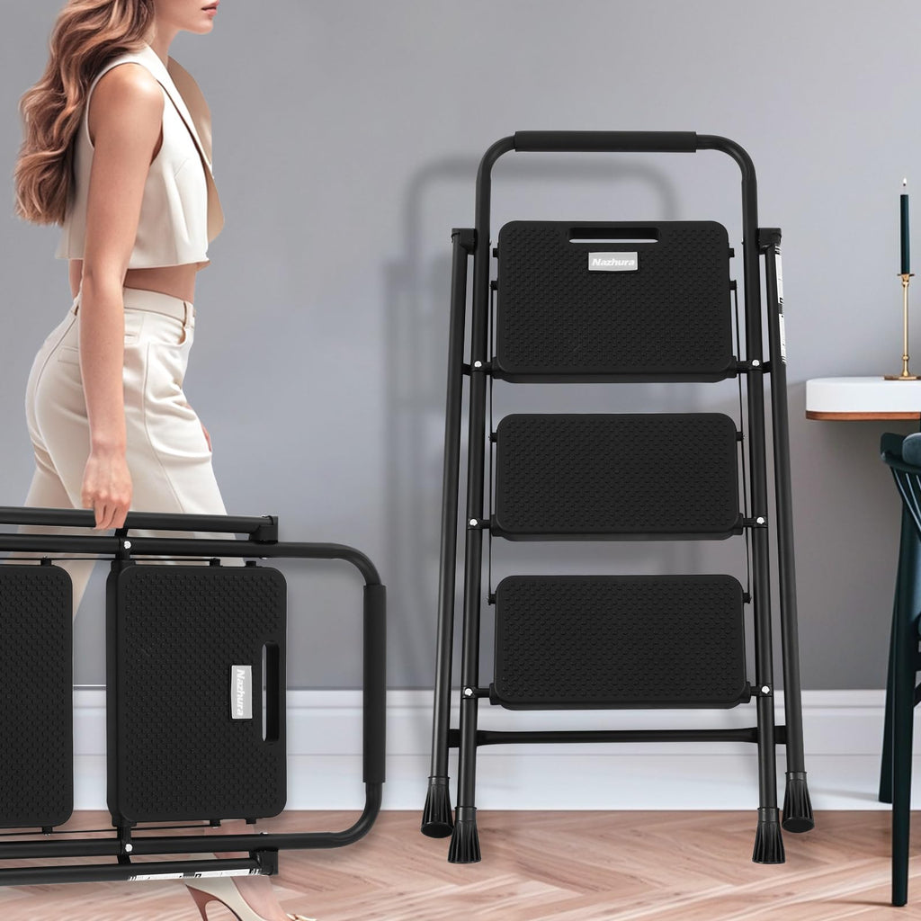 Foldable 3 Step Stool Ladder 300 Lb Weight Limit Steel A3522
