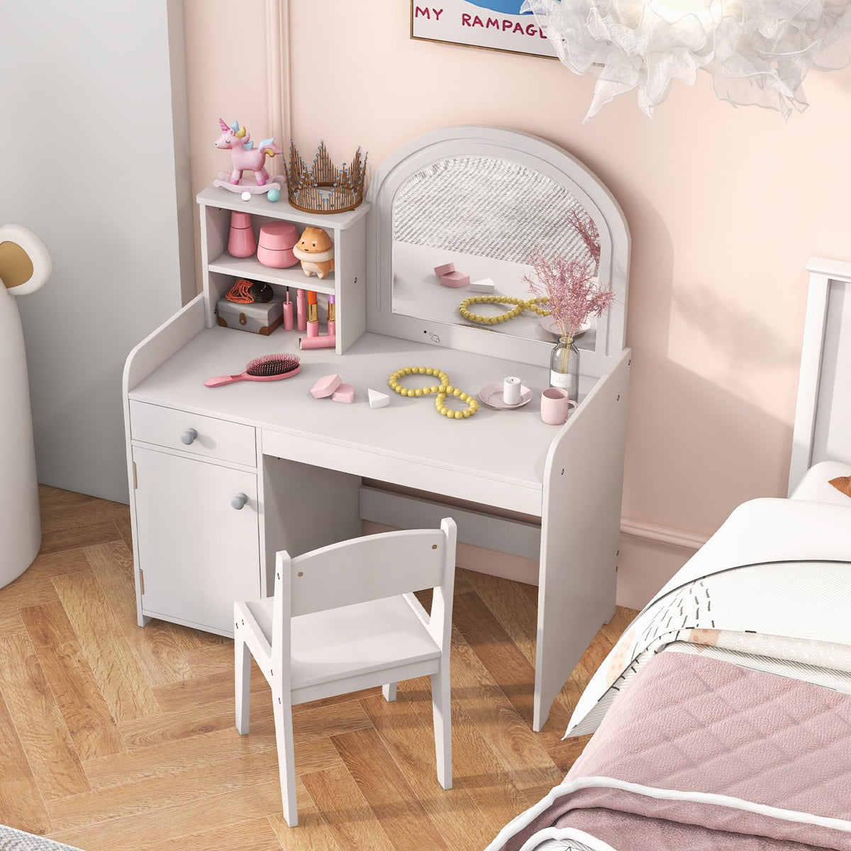 Kids Vanity Table and Chair Set with LED Lighted Mirror S418
