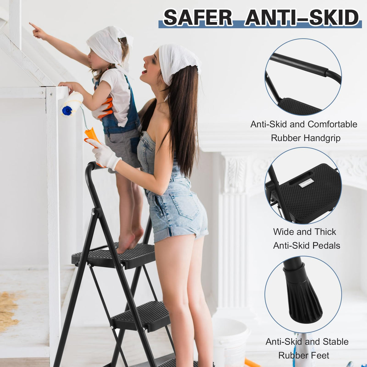 Foldable 3 Step Stool Ladder 300 Lb Weight Limit Steel A3522