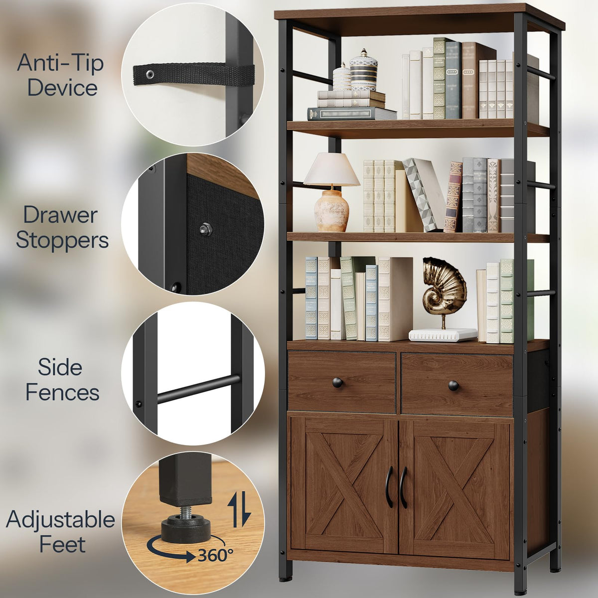 Wooden and Metal Bookshelf with Doors and Drawers G45332