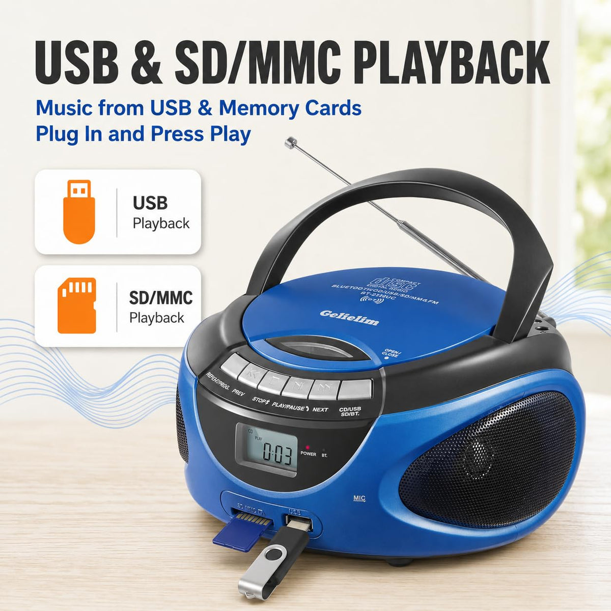 Portable CD Player with Bluetooth AM FM Stereo Radio Blue Q981