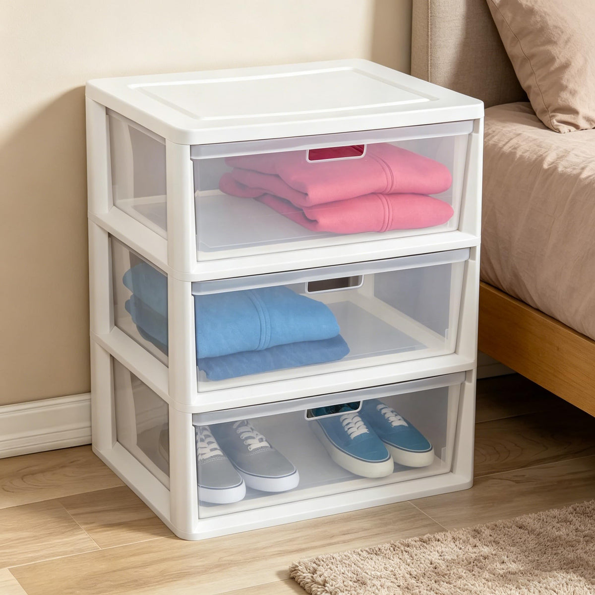 White 3-Drawer Plastic Storage Tower with Clear Bins K7817