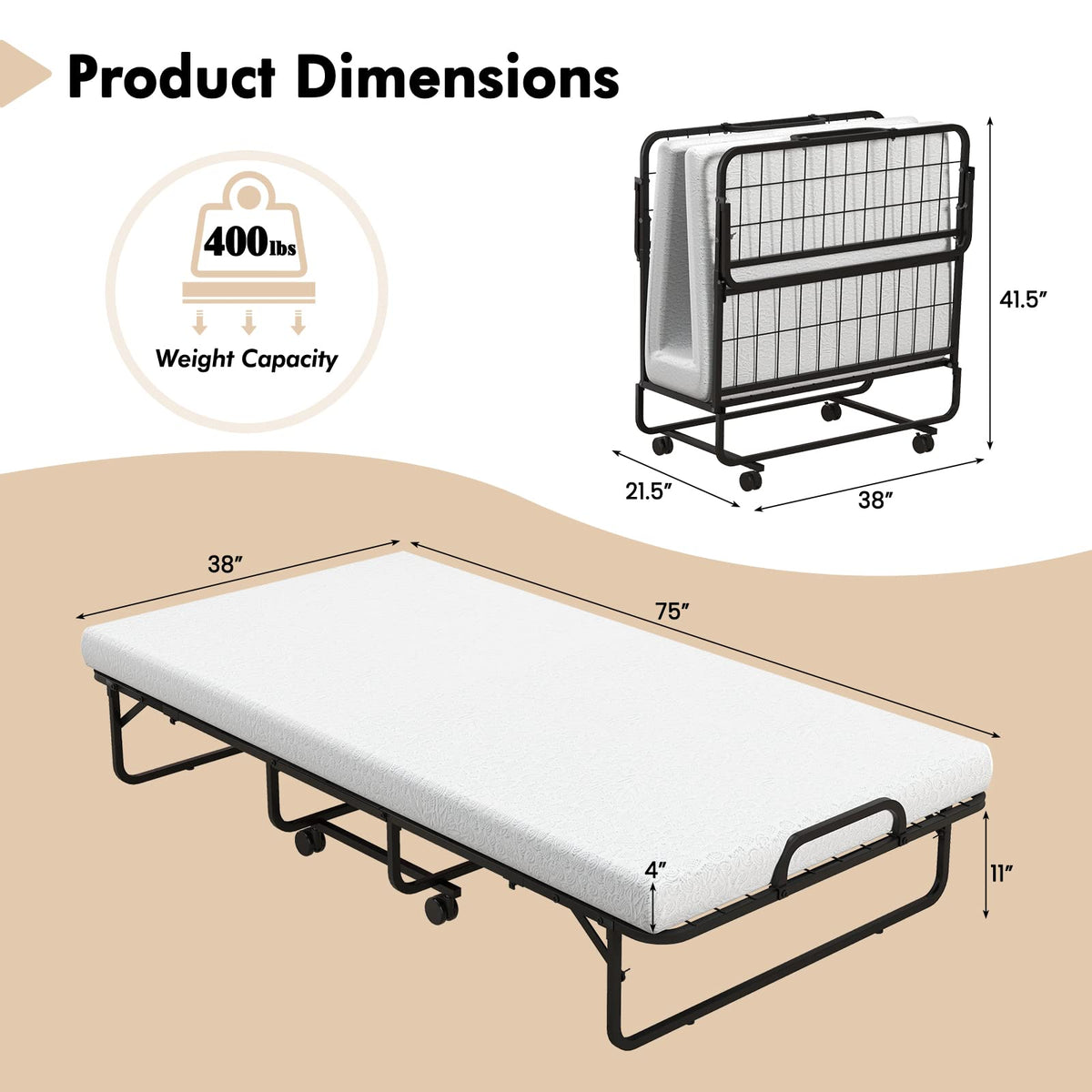 Folding Twin Size Portable Bed with 4” Memory Foam Mattress R27998