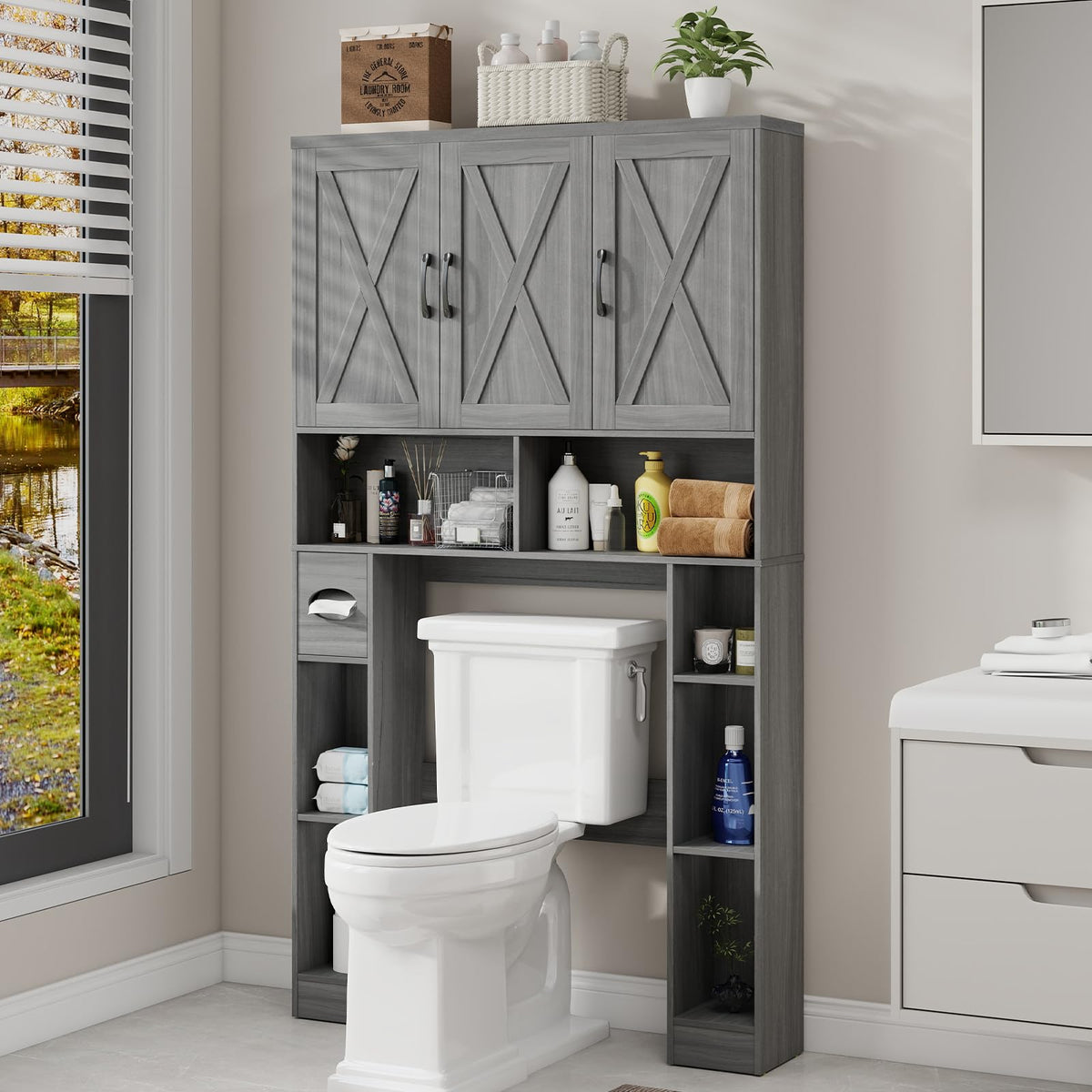 Over The Toilet Storage Cabinet with 3 Barn Doors A728348