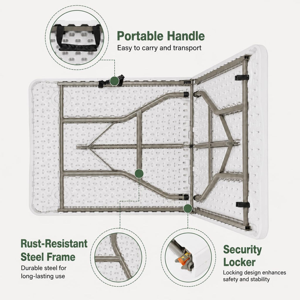 6FT Folding Plastic Utility Table with Carrying Handle, White J4022
