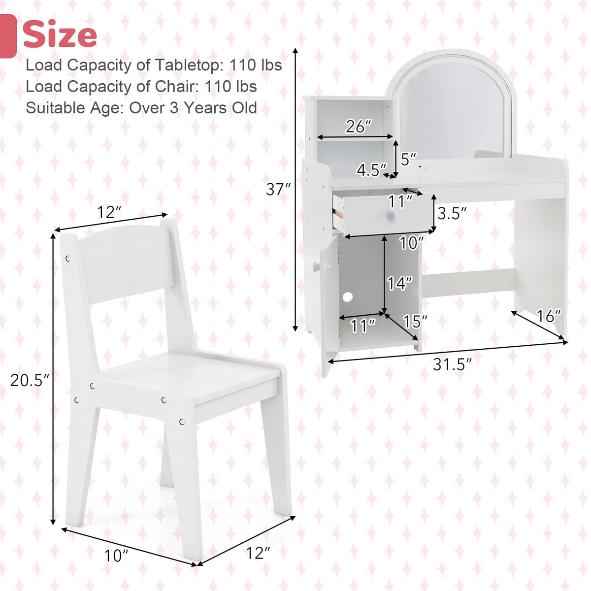 Kids Vanity Table and Chair Set with LED Lighted Mirror S418