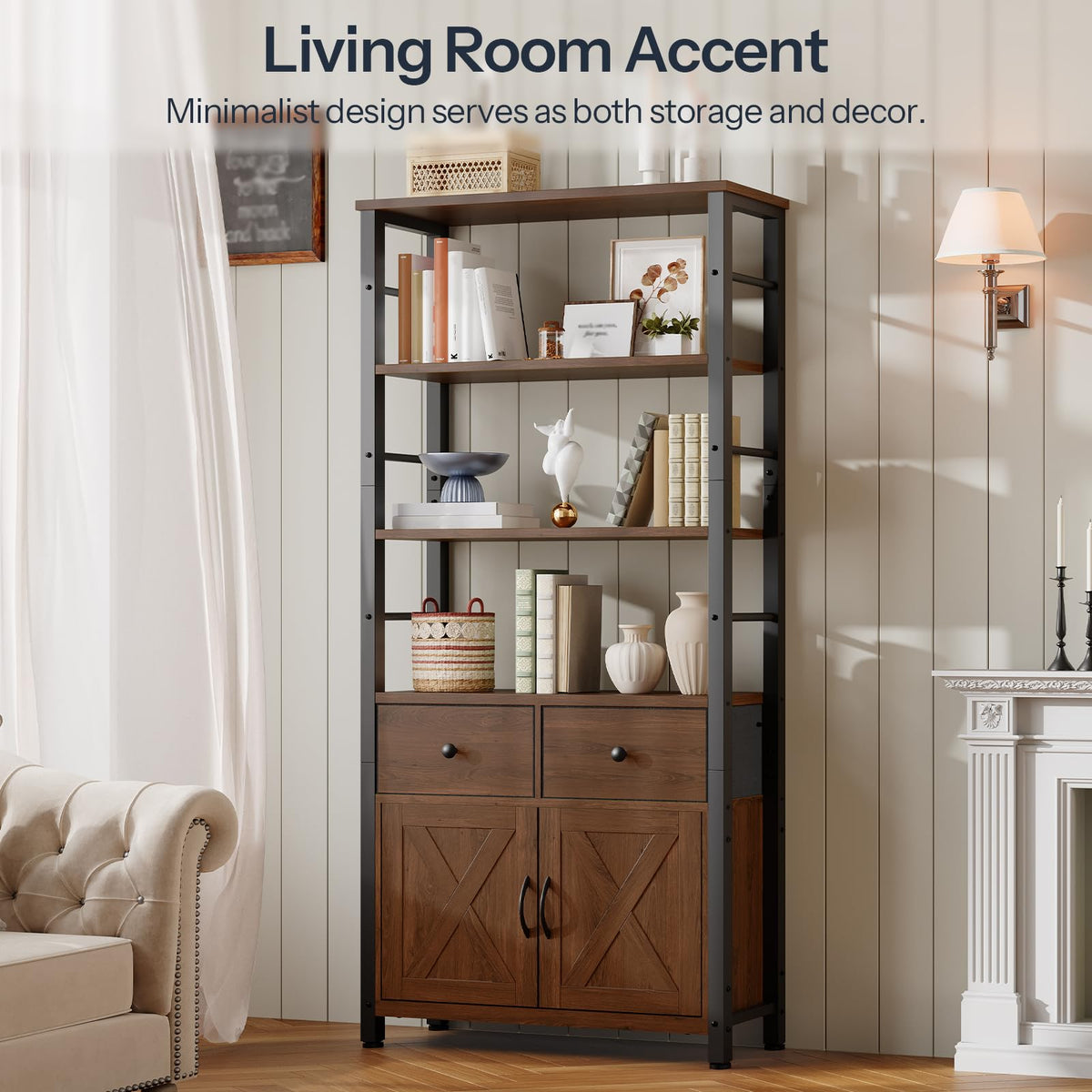 Wooden and Metal Bookshelf with Doors and Drawers G45332