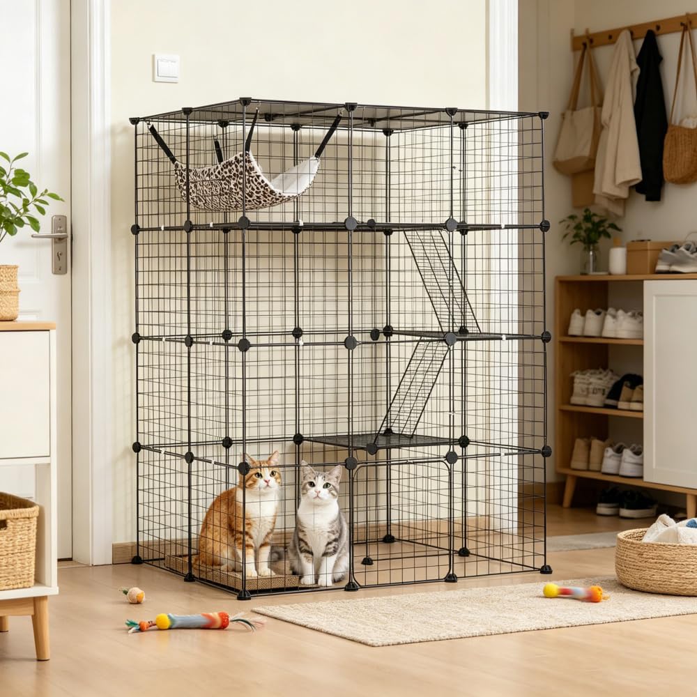 4-Tier Metal Wire Cat Cage with Hammock, Platforms & Ramps, Black B40558