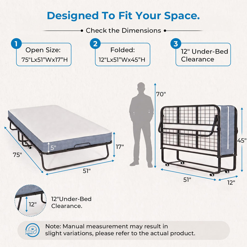 Folding Bed with 5" Foam Mattress Queen Size Metal Frame X5512