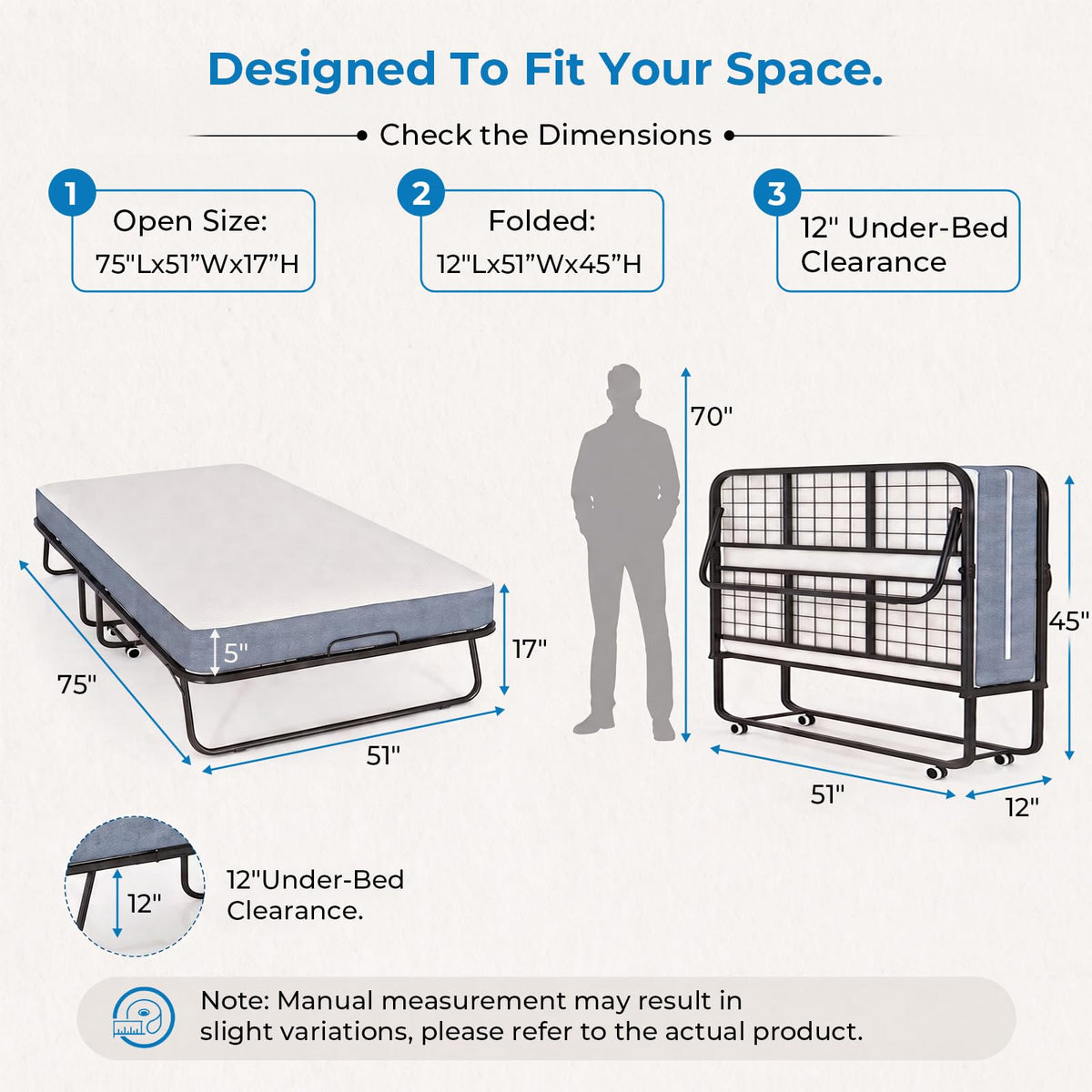 Folding Bed with 5" Foam Mattress Queen Size Metal Frame X5512