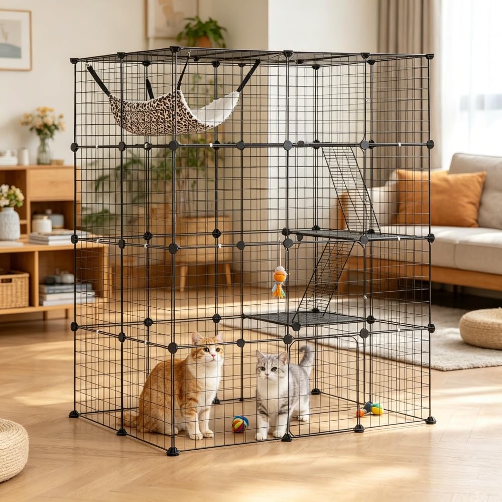 4-Tier Metal Wire Cat Cage with Hammock, Platforms & Ramps, Black B40558