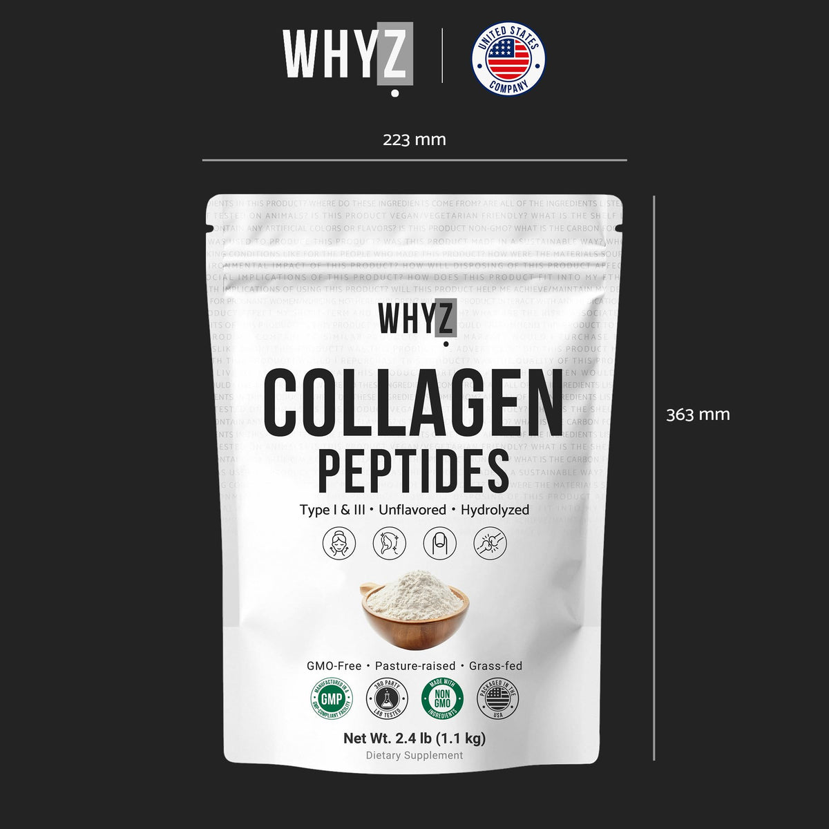 Bovine Collagen Peptides Powder, Hydrolyzed Type I & III, Grass-Fed Unflavored, 2.4lb E569525