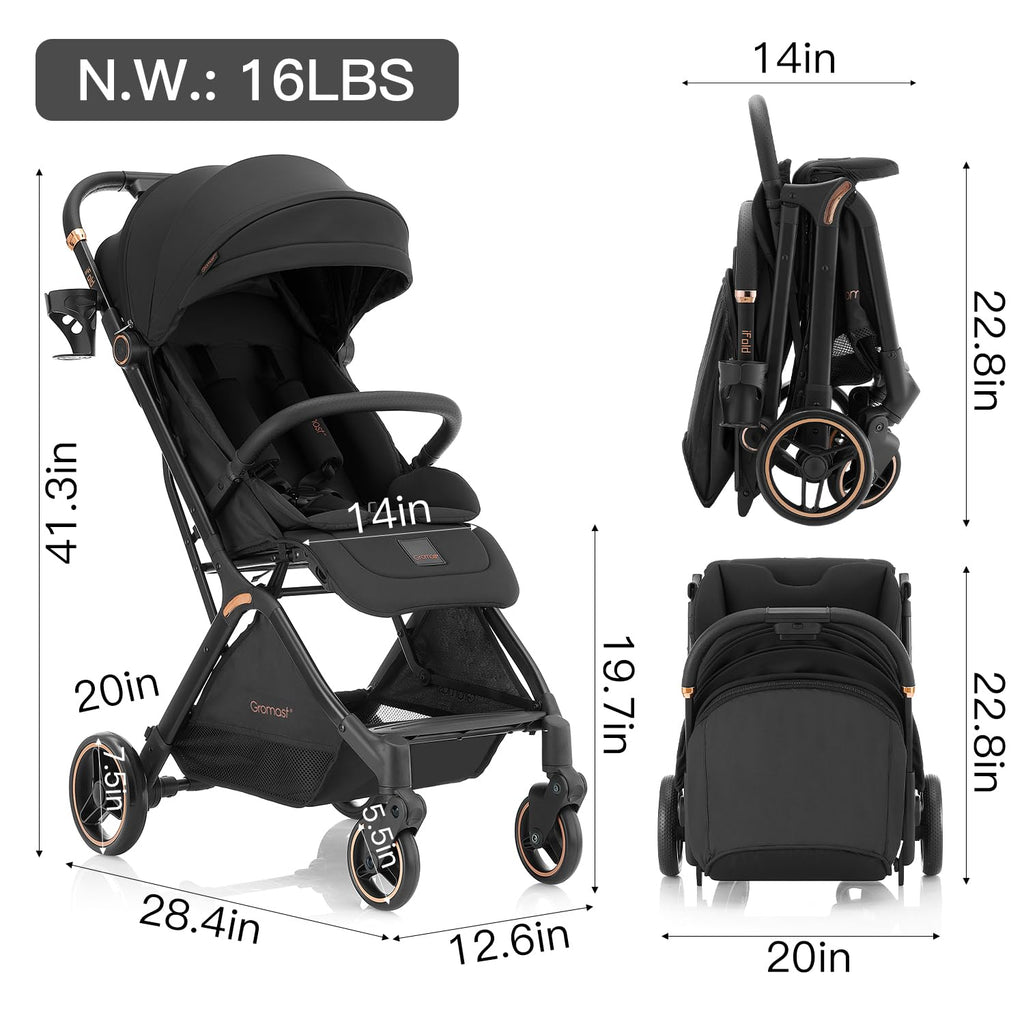 Gravity Folding Baby Stroller with Canopy & Cup Holder, Black Y133280