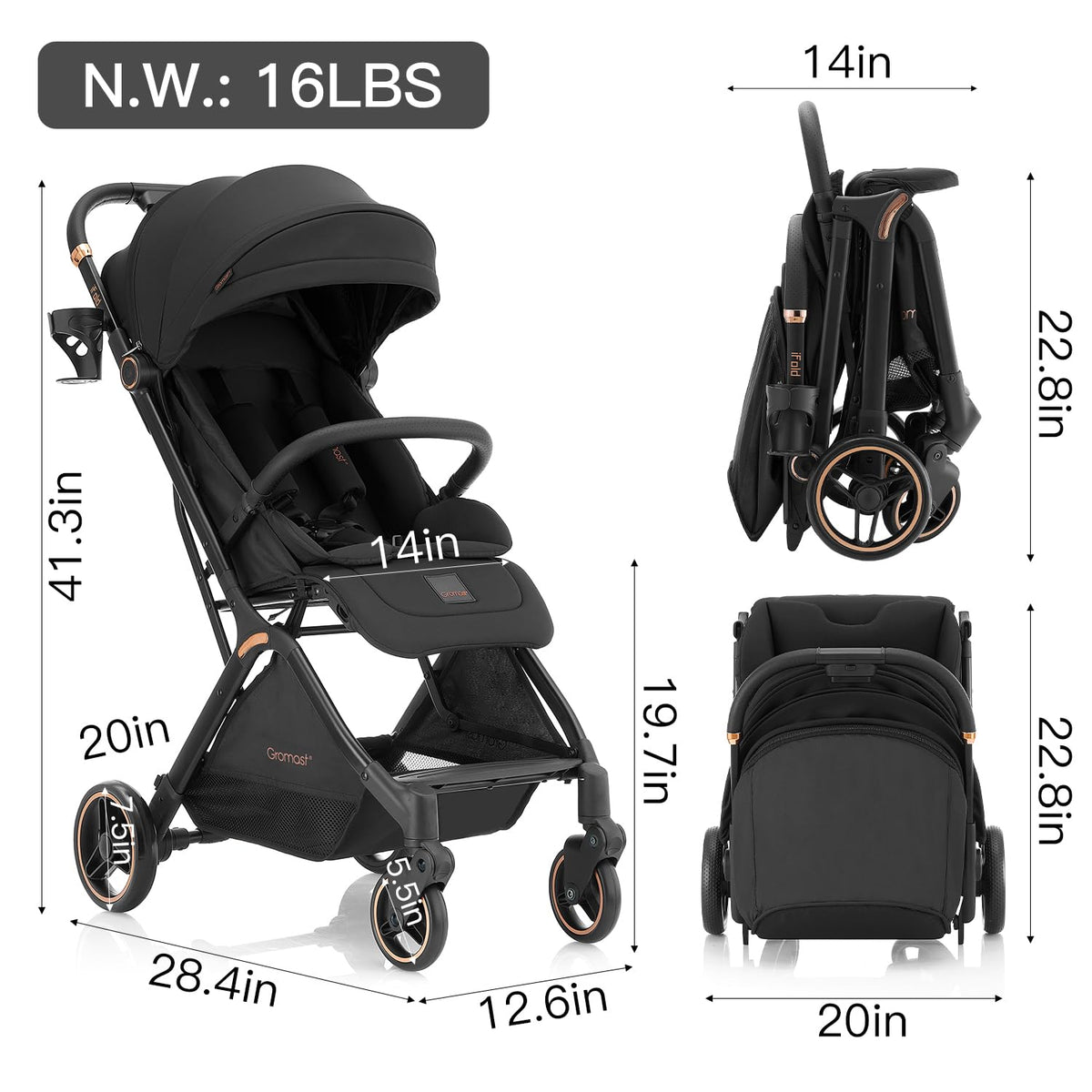 Gravity Folding Baby Stroller with Canopy & Cup Holder, Black Y133280