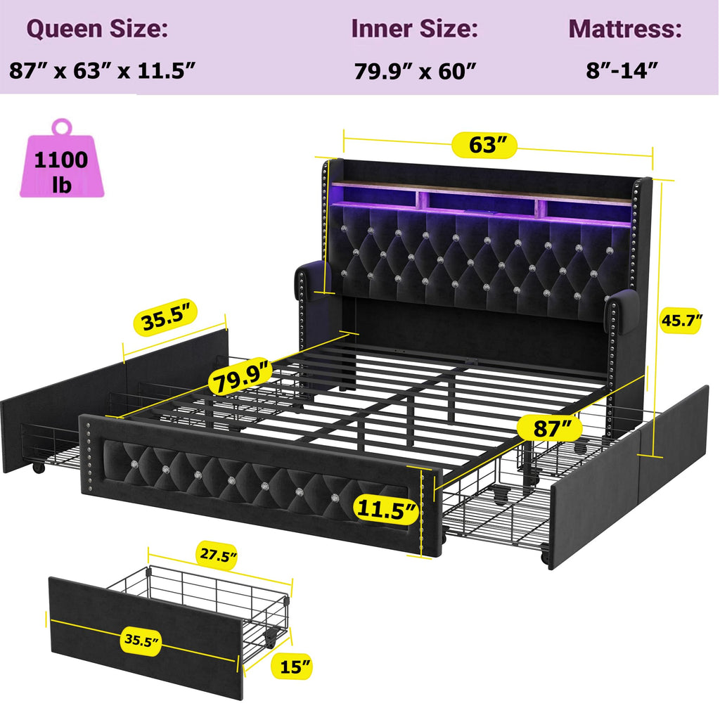 Queen Size Velvet Upholstered Platform Bed with 4 Storage Drawers M539542