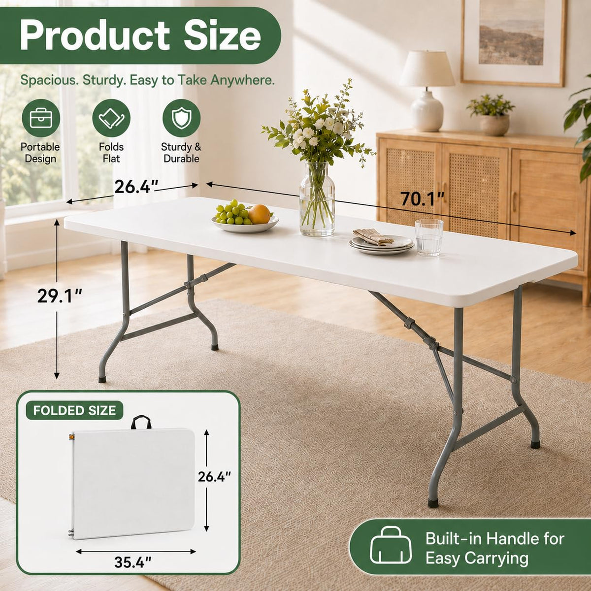 6FT Folding Plastic Utility Table with Carrying Handle, White J4022