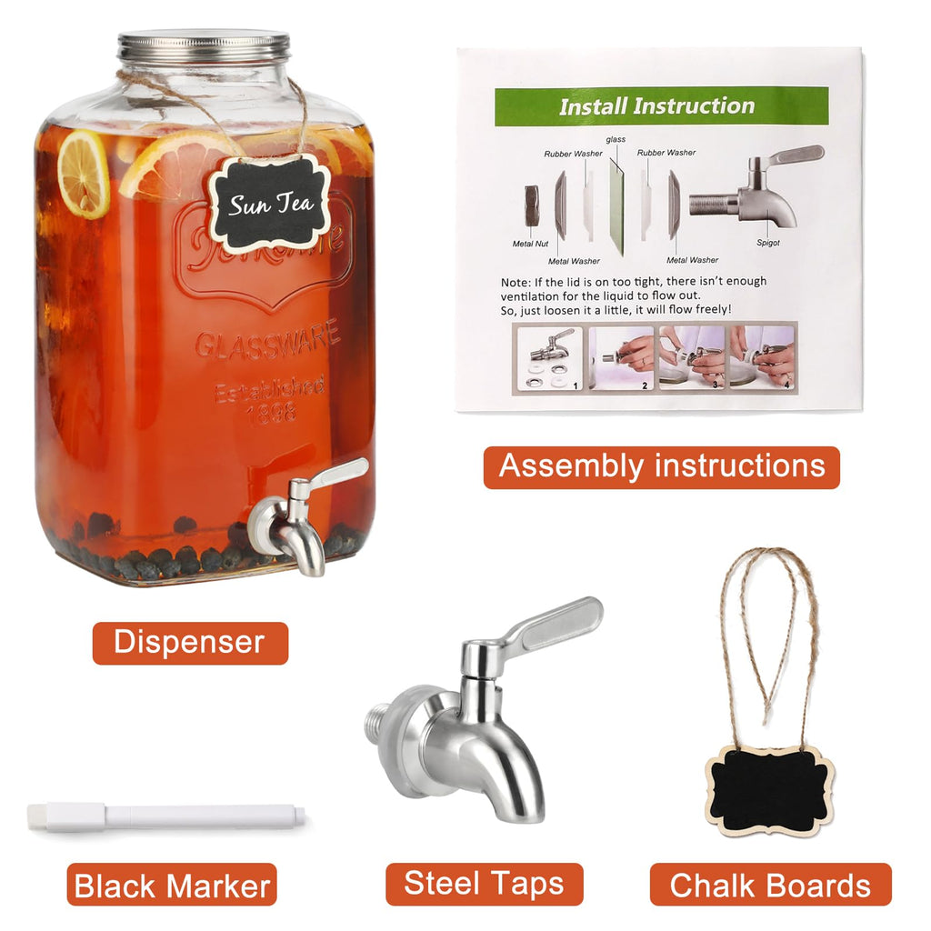 2 Gallon Glass Drink Dispenser with Stainless Steel Spigot and Lid J965