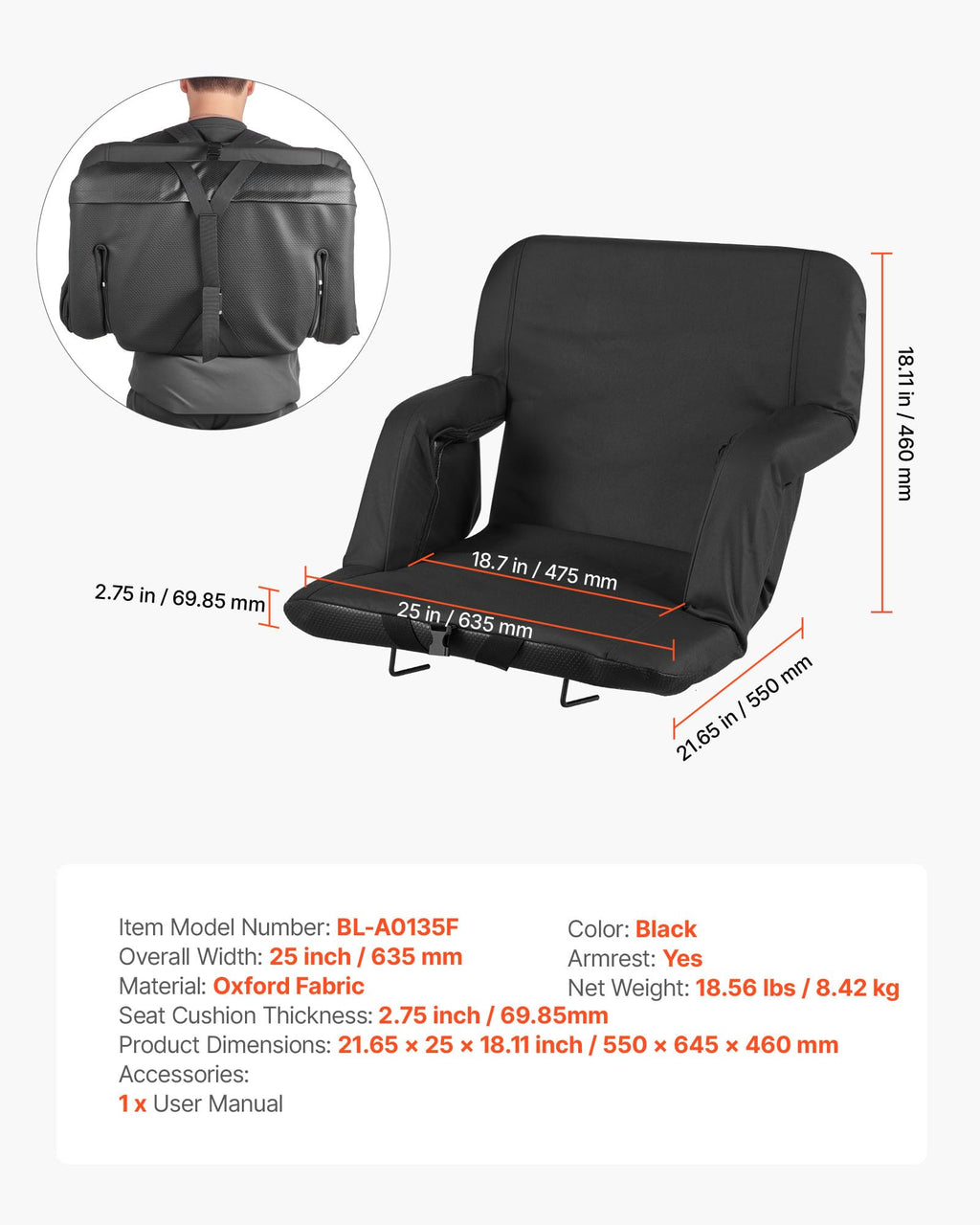 6 Adjustable Angle Padded Stadium Seat with Armrest Z4808