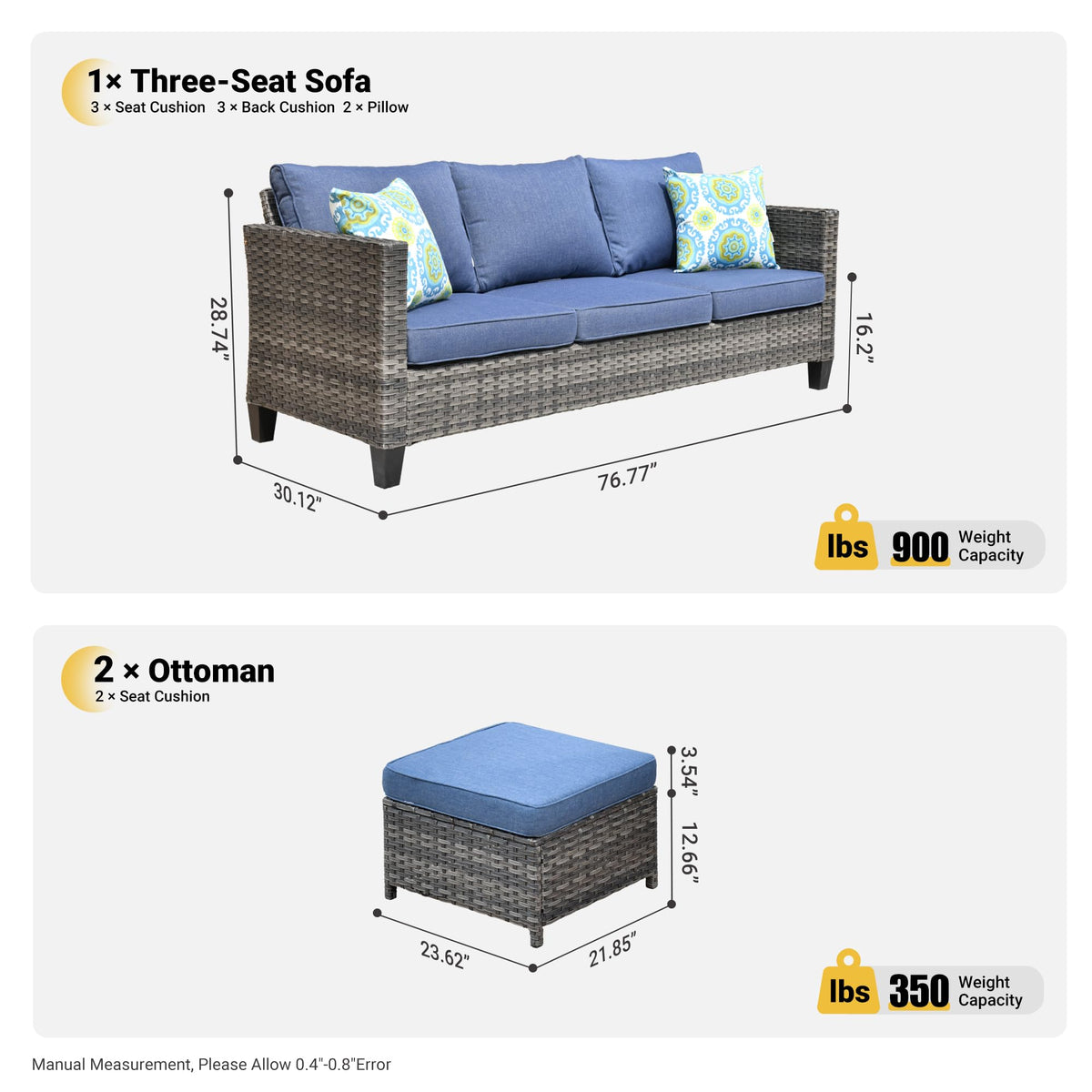 3 Pieces Wicker Patio Sofa Set with Ottomans Denim Blue P8842