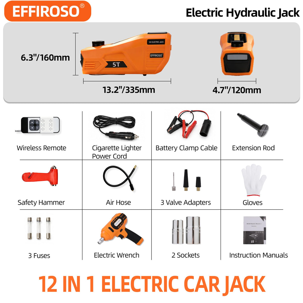 5 Ton 12V Electric Car Jack Kit with Impact Wrench and Tire Inflator Pump O599763