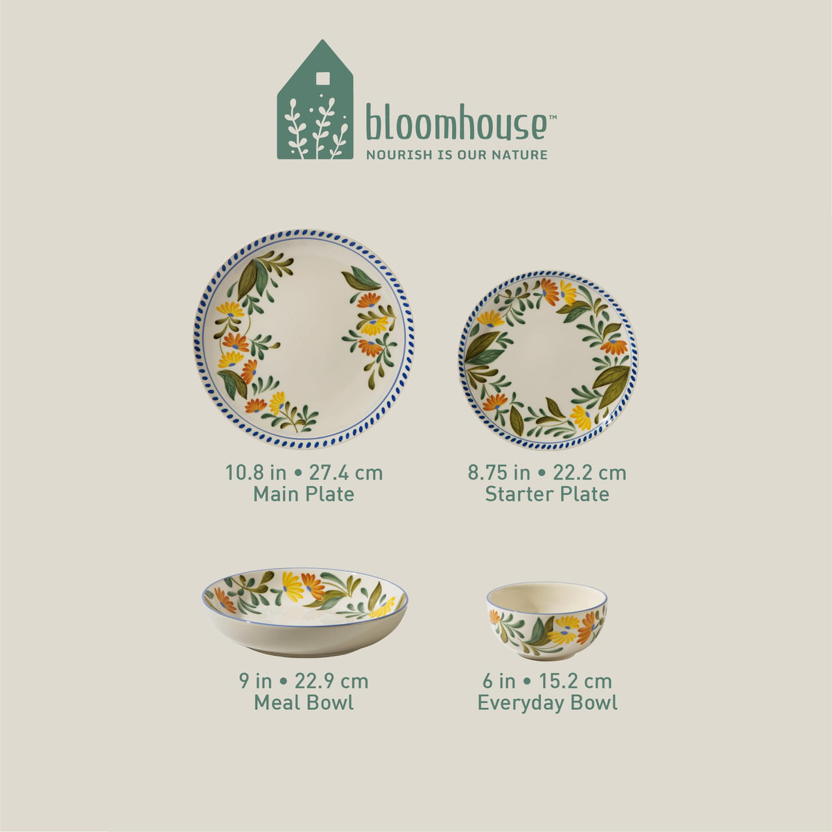 Hand Painted Stoneware Floral Dinnerware Set, Service for Four (16pcs) T1390