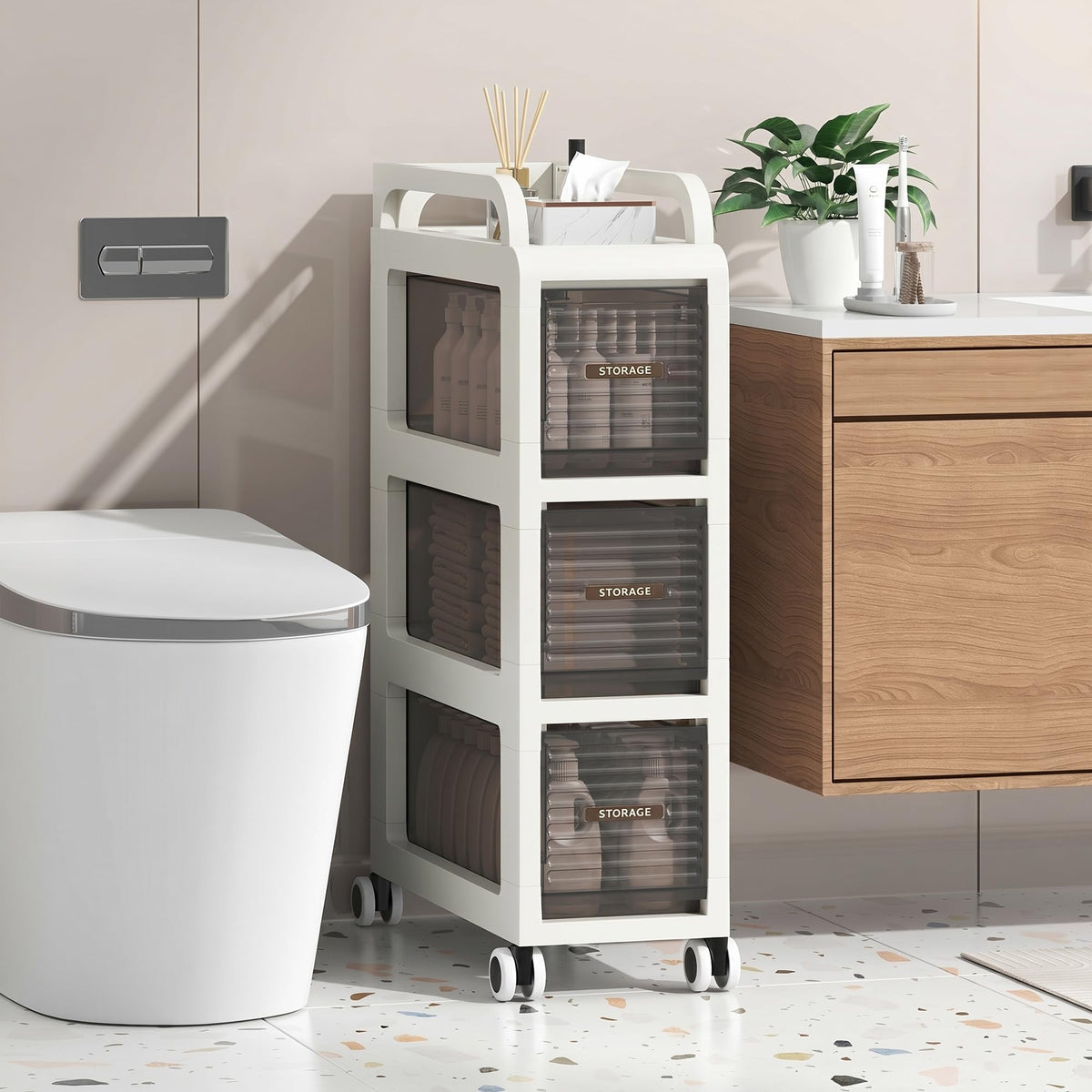 7.87" Wide Slim Bathroom Storage with Drawers and Wheels D921