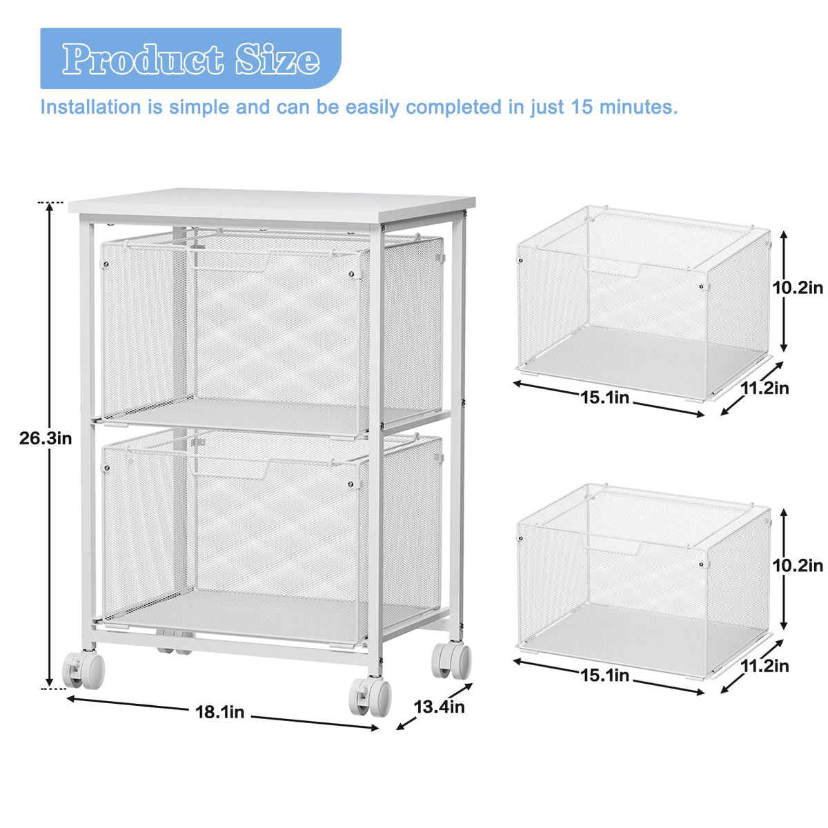 White 2 Drawer Rolling File Cabinet S404