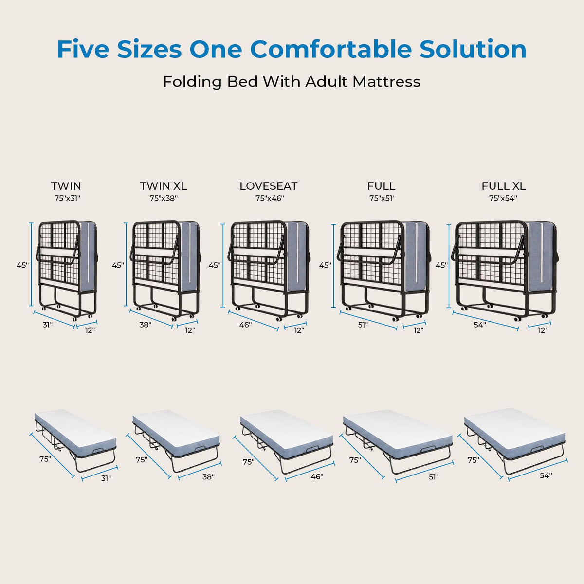 Folding Bed with 5" Foam Mattress Queen Size Metal Frame X5512