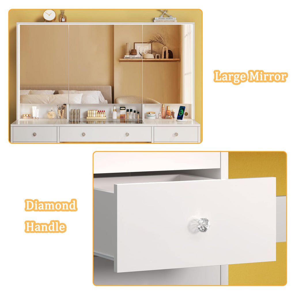 50'' White Glass Top Makeup Vanity with 11 Drawers and LED Mirror U302180