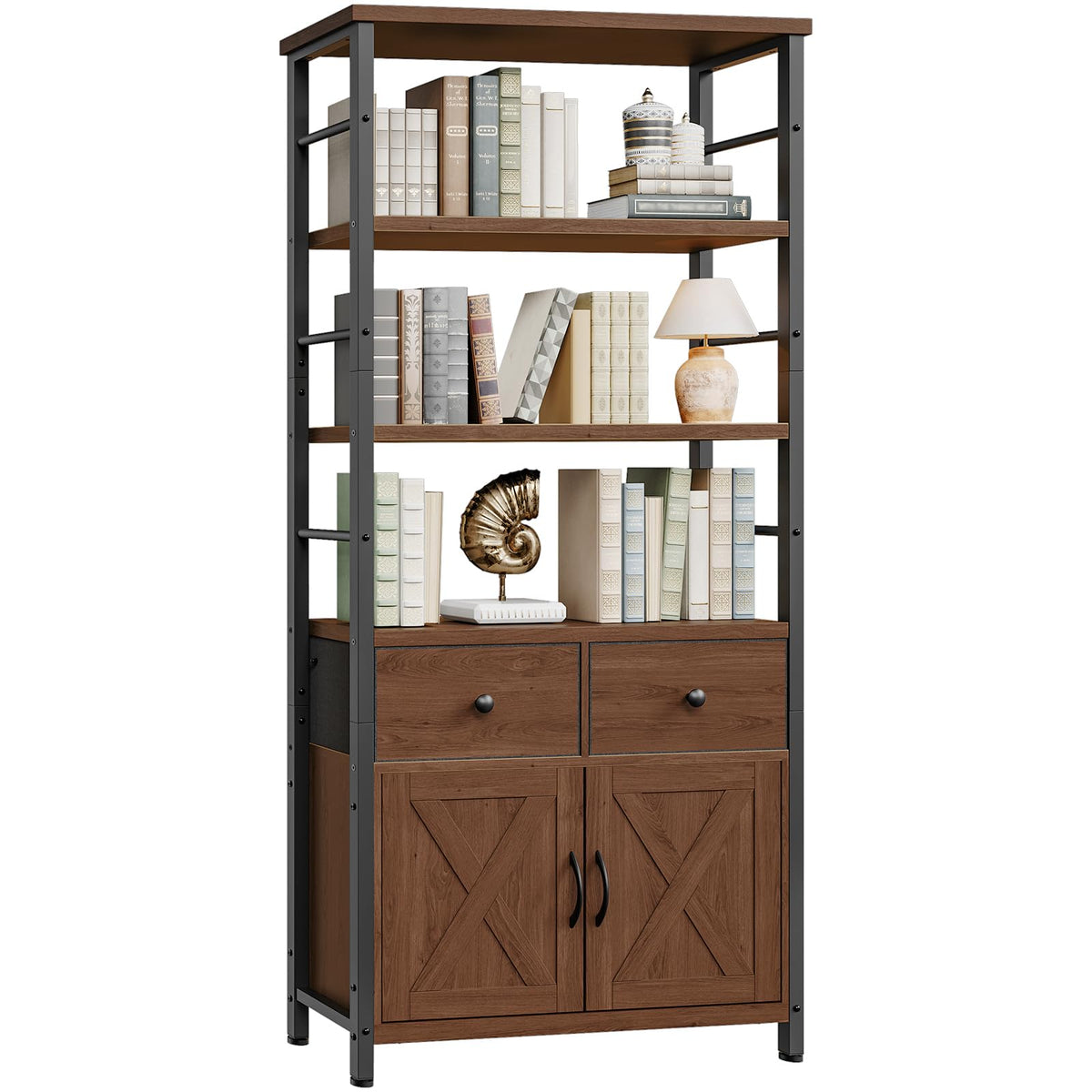 Wooden and Metal Bookshelf with Doors and Drawers G45332