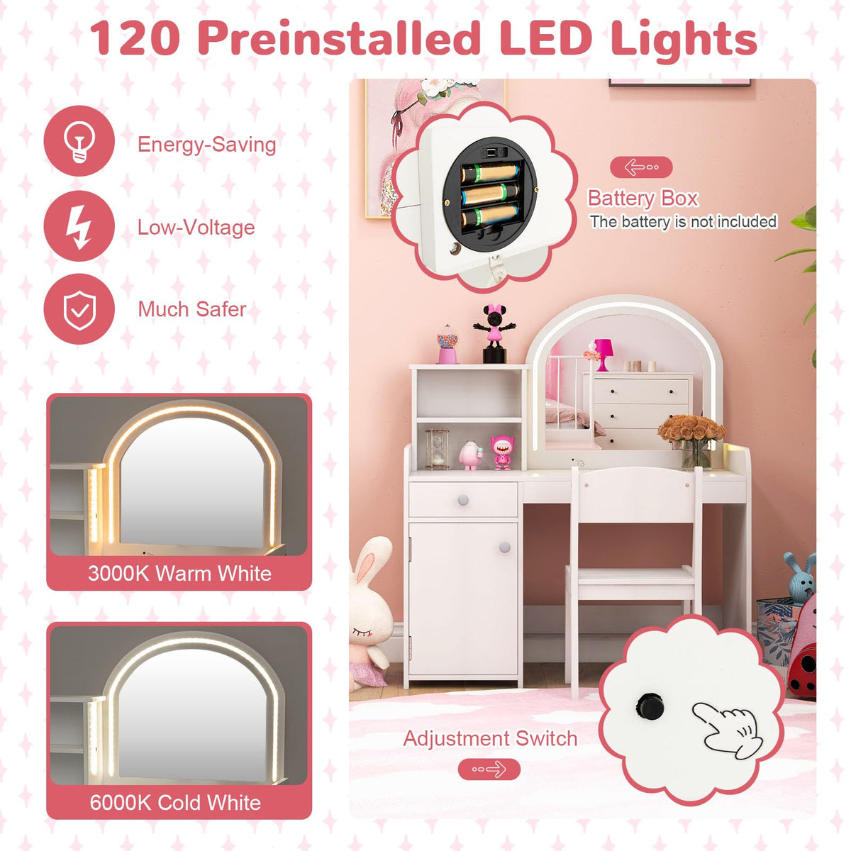 Kids Vanity Table and Chair Set with LED Lighted Mirror S418