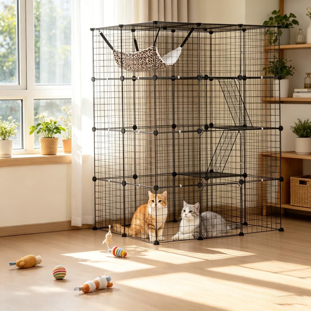 4-Tier Metal Wire Cat Cage with Hammock, Platforms & Ramps, Black B40558