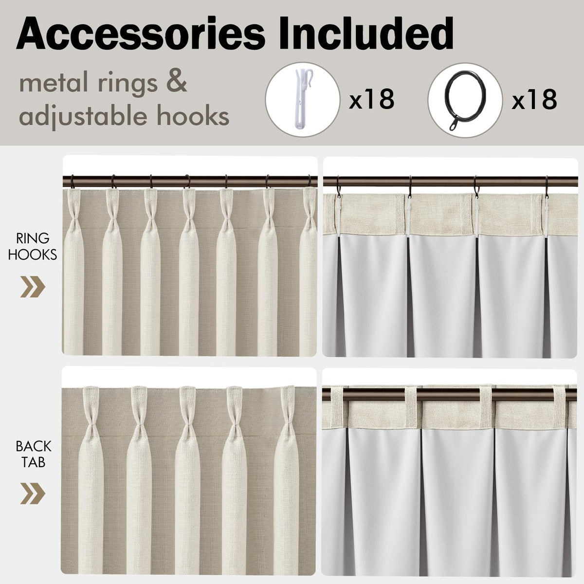 90 Inch Pinch Pleated Blackout Linen Curtains, 2 Panels X650