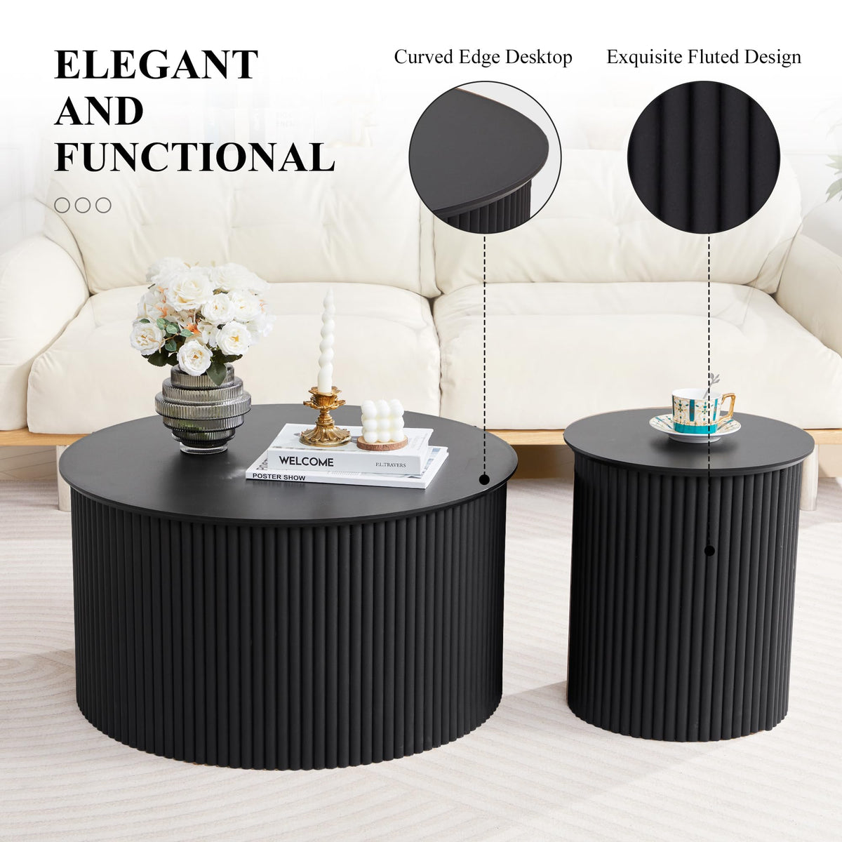 Fluted Round Nesting Coffee Table Set of 2 V74607