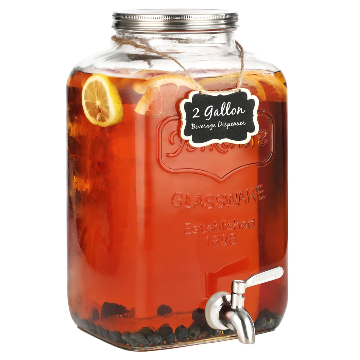2 Gallon Glass Drink Dispenser with Stainless Steel Spigot and Lid J965