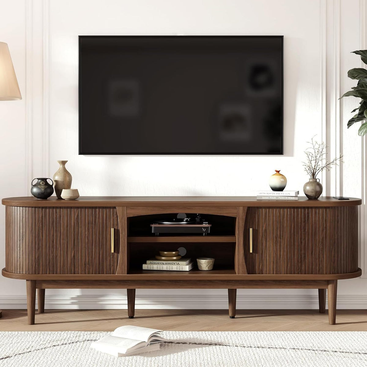 Mid Century TV Stand with Storage and Sliding Doors P645418