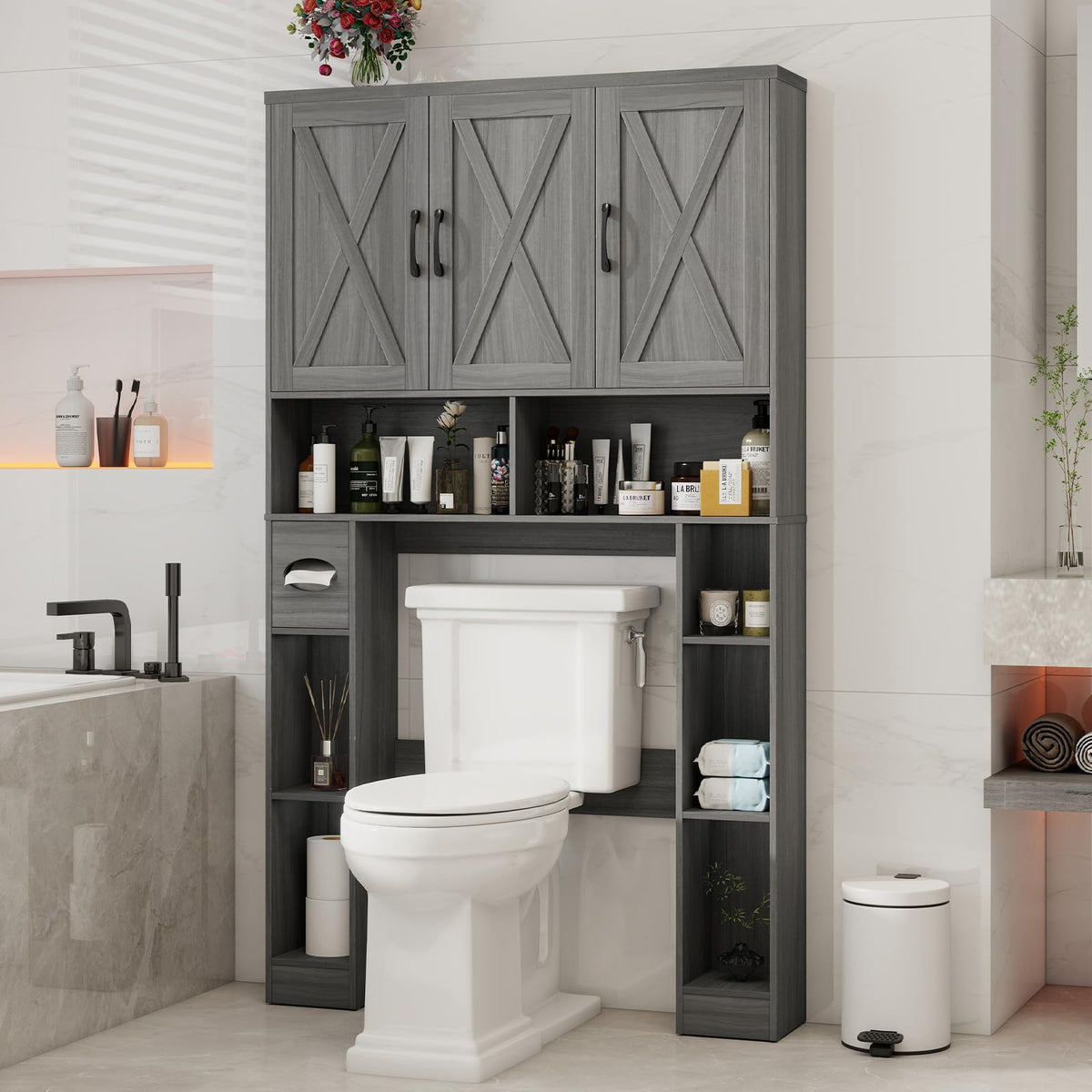 Over The Toilet Storage Cabinet with 3 Barn Doors A728348