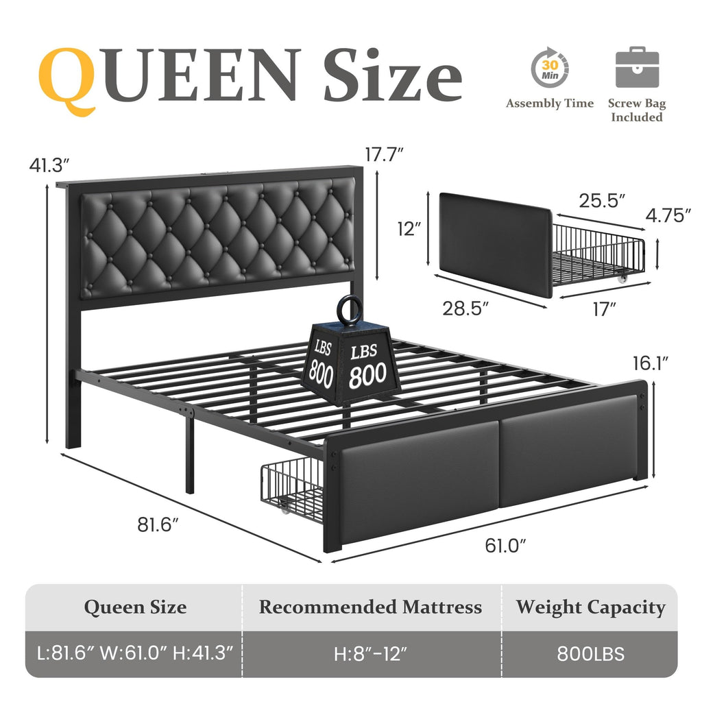 Queen Bed Frame with Upholstered Headboard and 2 Storage Drawers R491192
