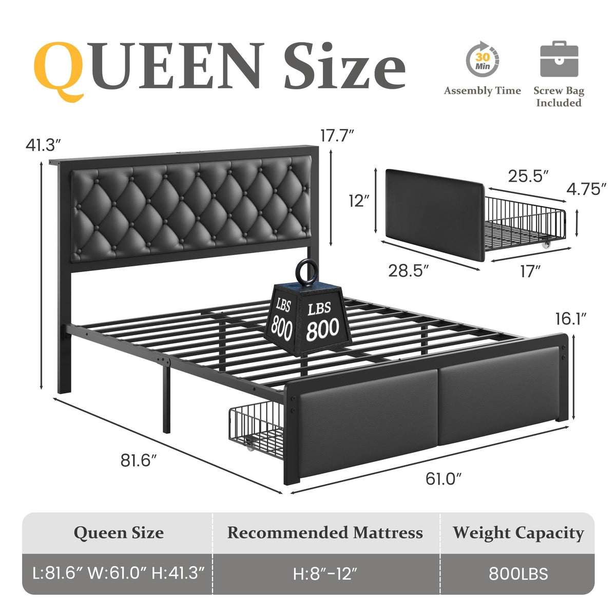 Queen Bed Frame with Upholstered Headboard and 2 Storage Drawers R491192