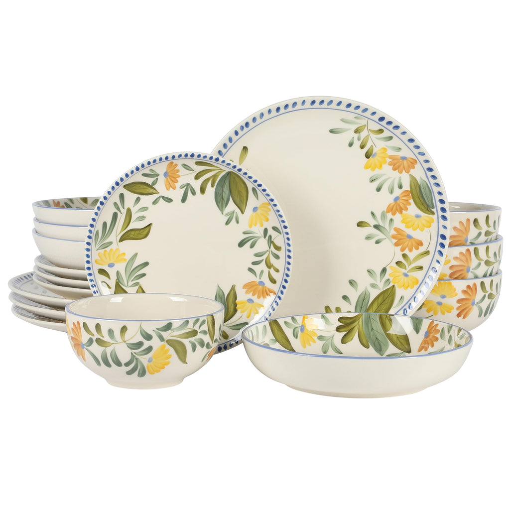 Hand Painted Stoneware Floral Dinnerware Set, Service for Four (16pcs) T1390