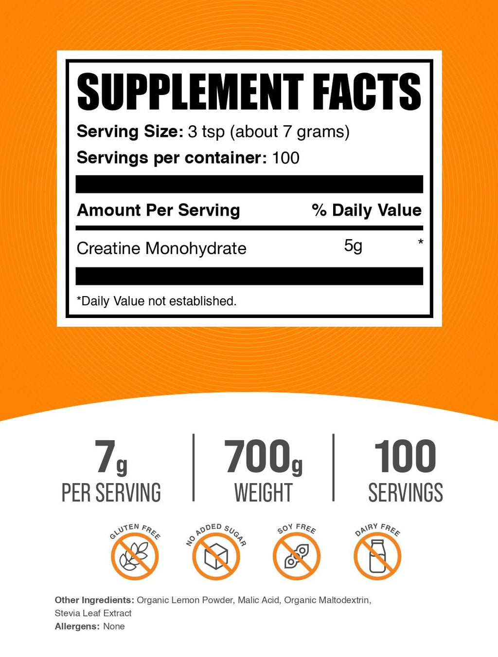 Micronized Creatine Monohydrate Powder, Lemon Italian Ice, 7g per Serving, 700g D57048