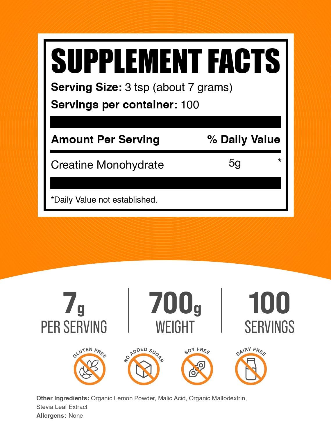 Micronized Creatine Monohydrate Powder, Lemon Italian Ice, 7g per Serving, 700g D57048