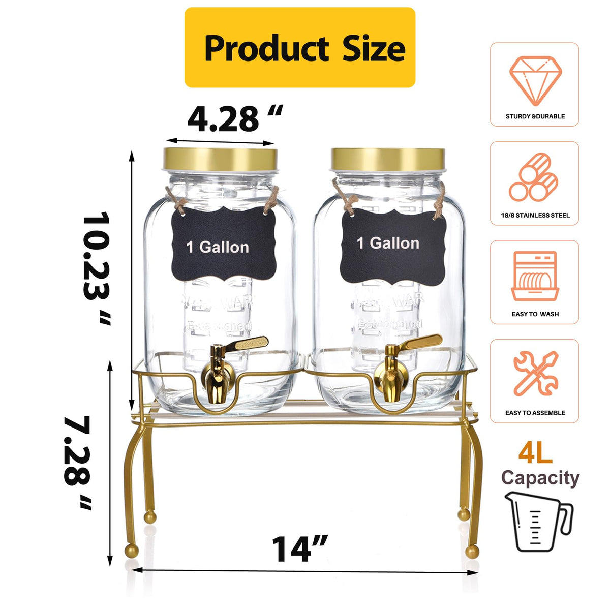 1 Gallon Glass Drink Dispenser Set of 2 with Stand B18392