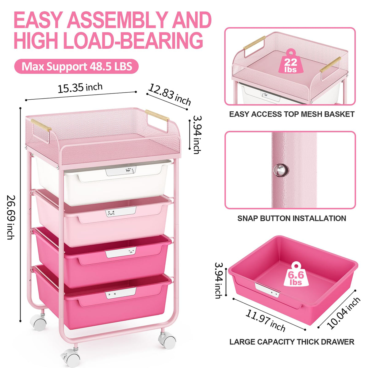 4-Drawer Rolling Storage Cart with Mesh Top S972630